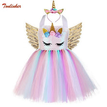 Load image into Gallery viewer, New Kids Unicorn Costumes For Girls Unicorn Tutu Dress With Gold Headband Wings Princess Girls Halloween Party Dress  2-10 Years