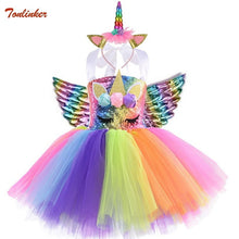 Load image into Gallery viewer, New Kids Unicorn Costumes For Girls Unicorn Tutu Dress With Gold Headband Wings Princess Girls Halloween Party Dress  2-10 Years